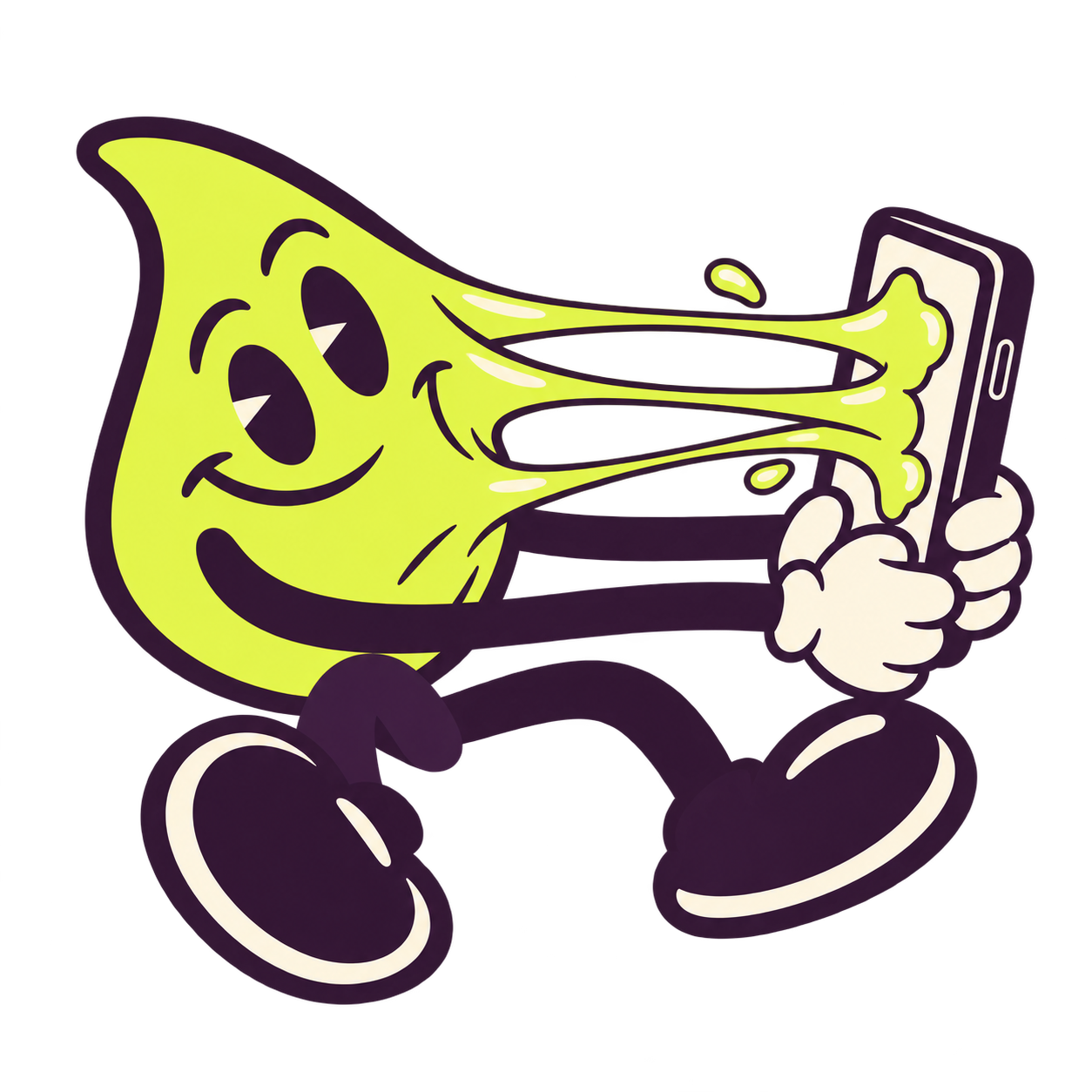 The Glued mascot tugging his face away from a phone, with stretchy glue holding him to the screen