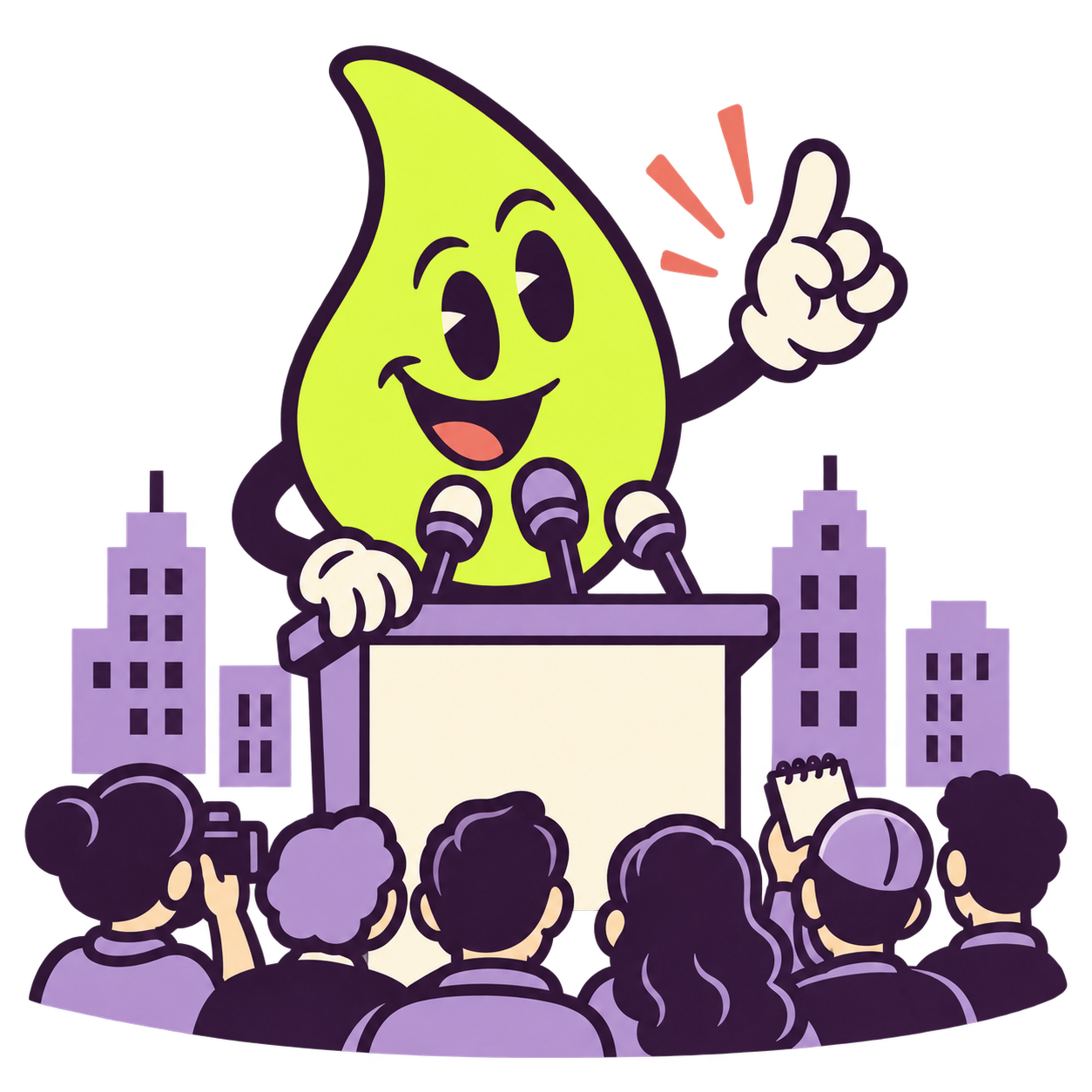 The Glued mascot at a podium with microphones, addressing a crowd of reporters in front of a city skyline